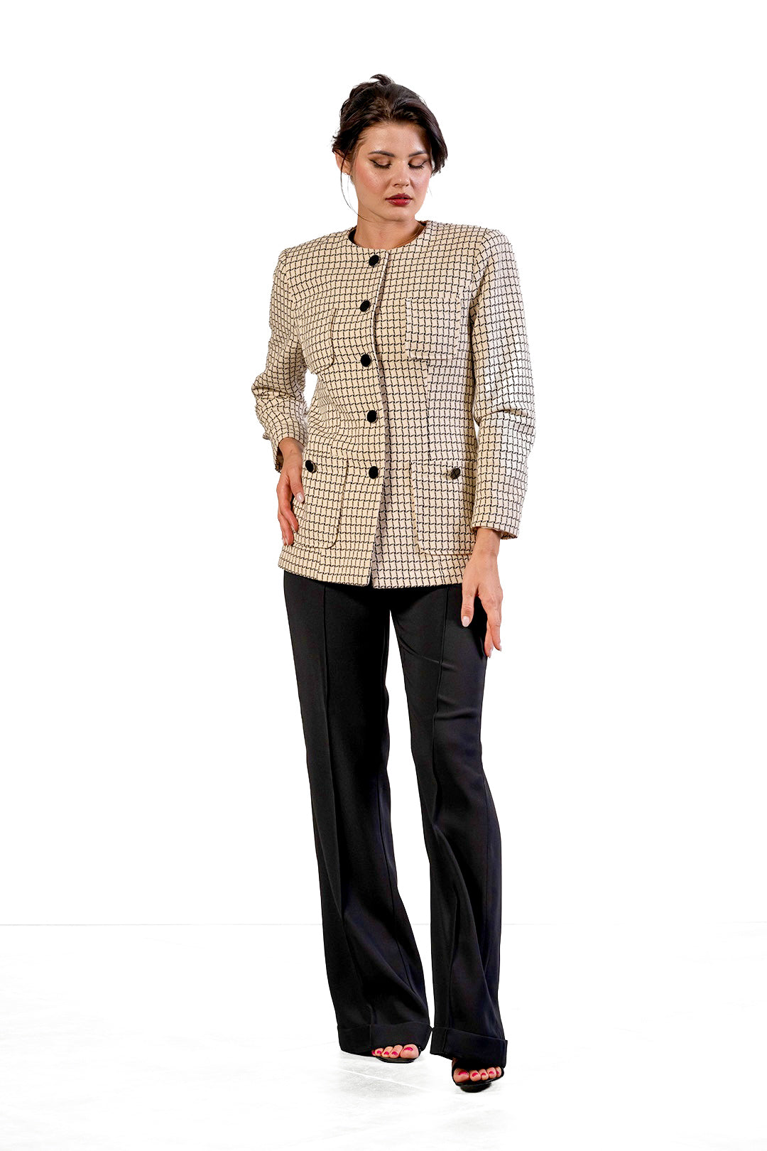 Lara collarless jacket in ivory check cotton tweed by Sofia Lara — front view