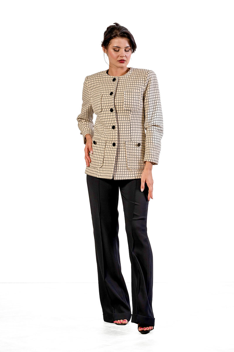 Lara collarless jacket in ivory check cotton tweed by Sofia Lara — front view