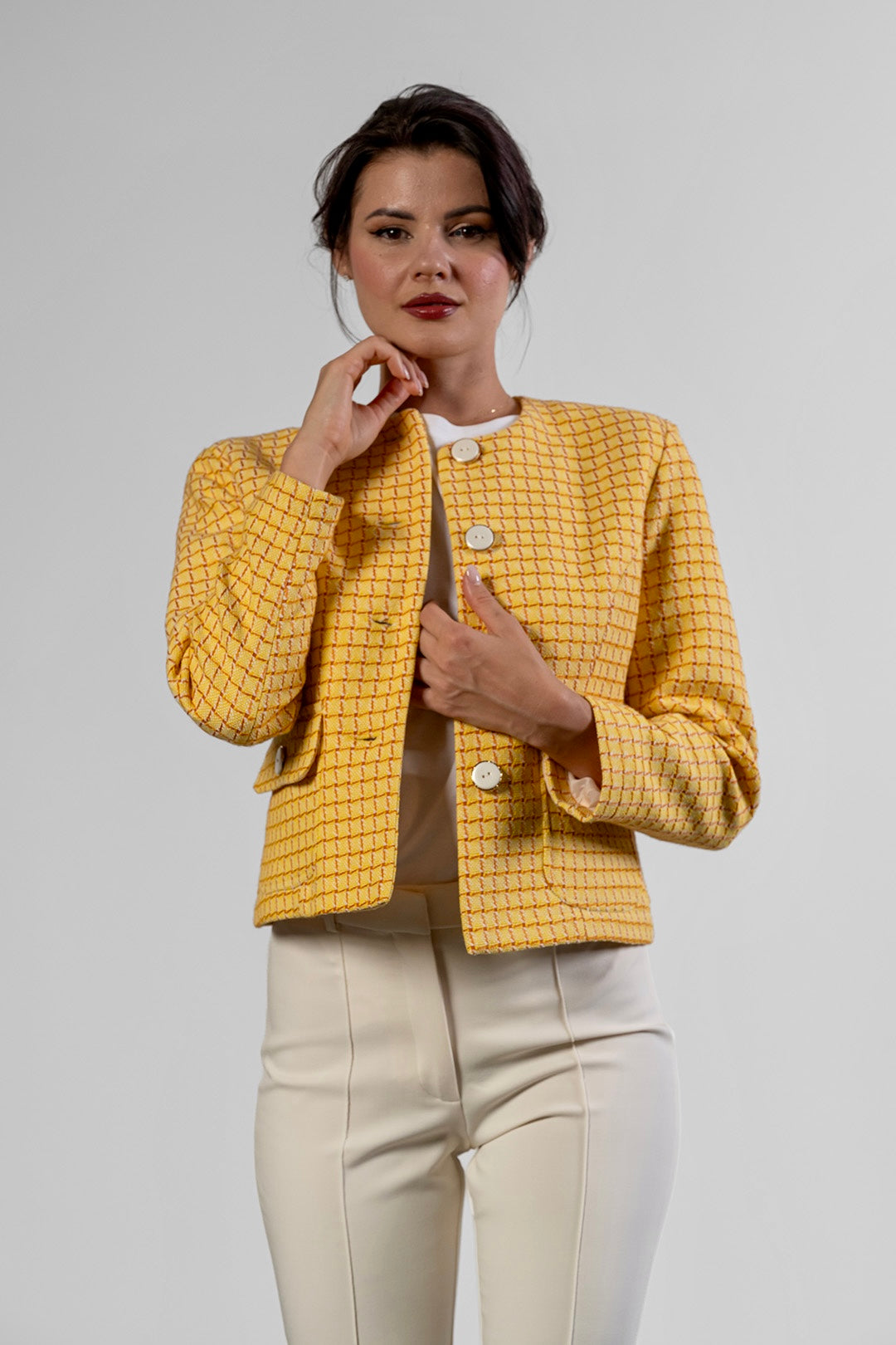 Dara collarless jacket in yellow check cotton tweed by Sofia Lara — view 3