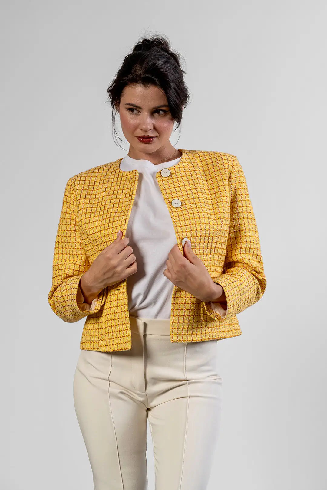 Dara collarless jacket in yellow check cotton tweed by Sofia Lara — view 4