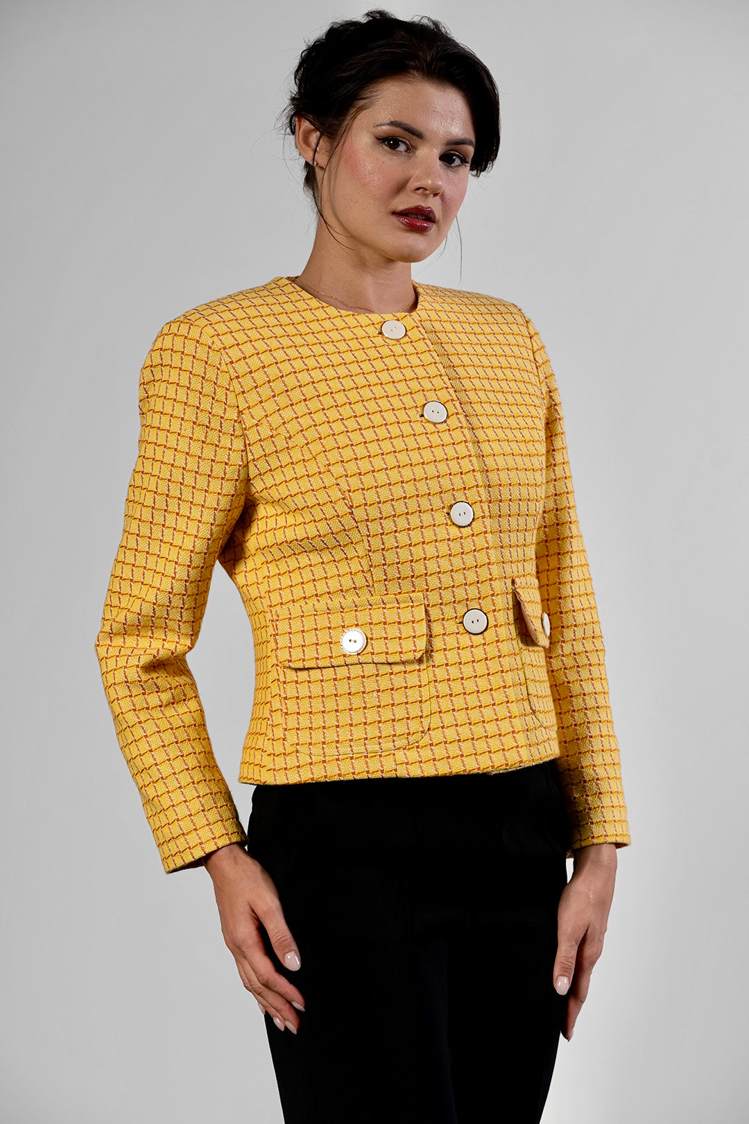 Dara collarless jacket in yellow check cotton tweed by Sofia Lara — view 5