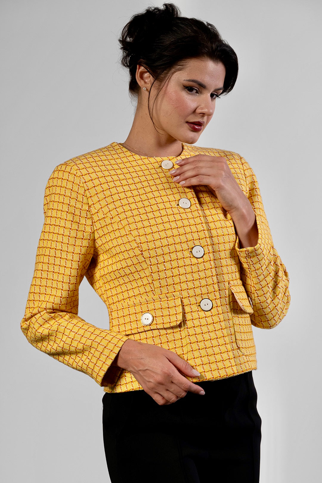 Dara collarless jacket in yellow check cotton tweed by Sofia Lara — view 6