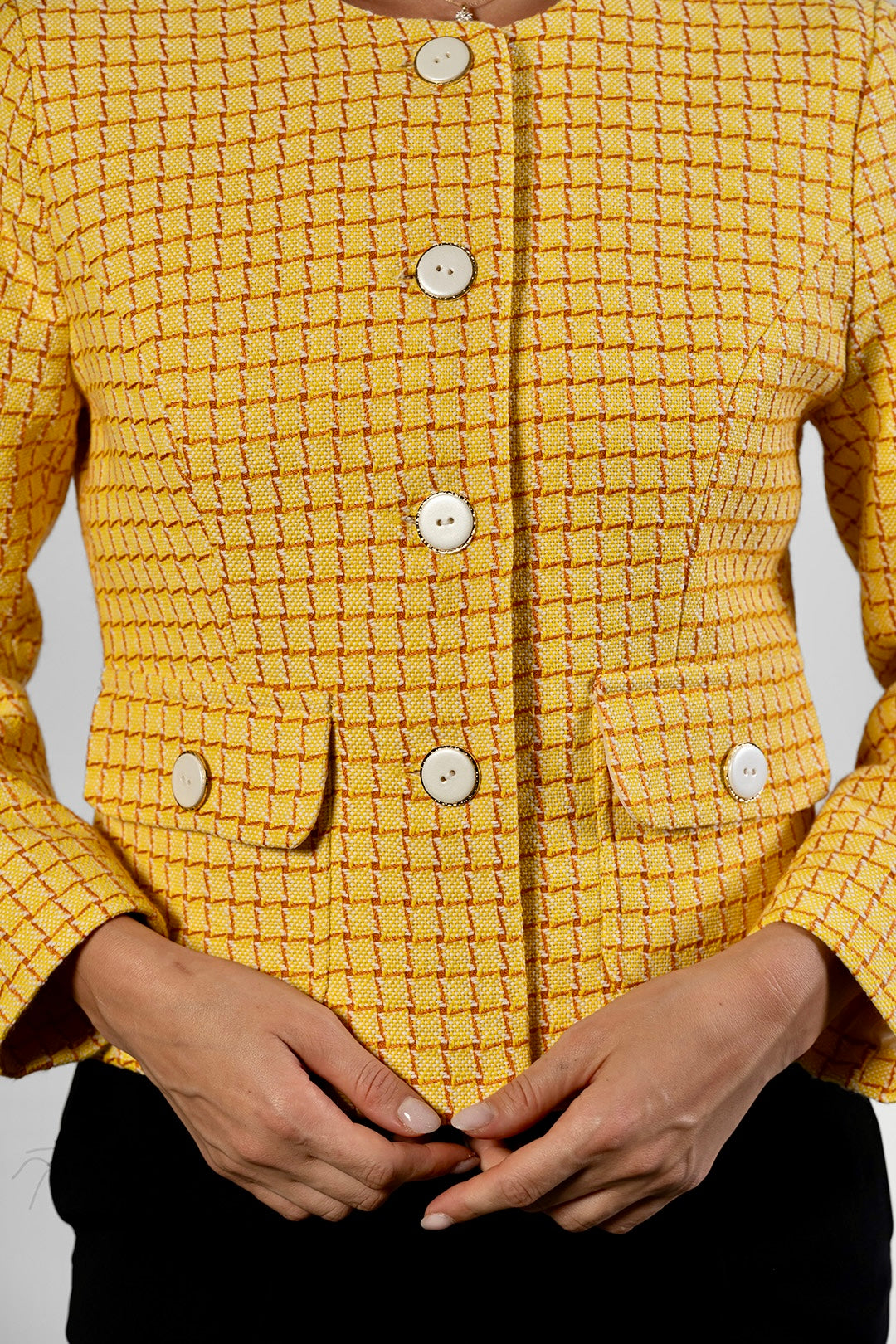 Dara collarless jacket in yellow check cotton tweed by Sofia Lara — button and pocket detail