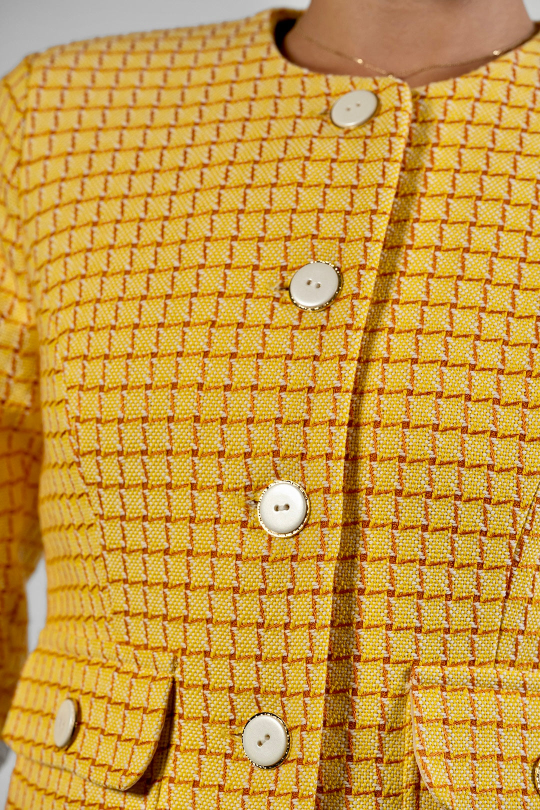 Dara collarless jacket in yellow check cotton tweed by Sofia Lara — fabric detail