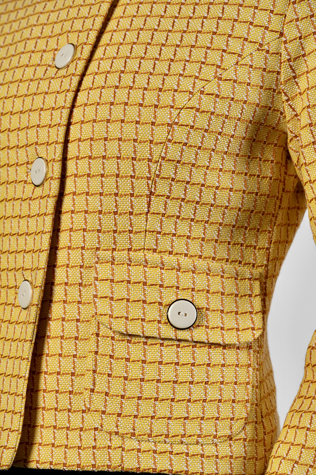 Dara collarless jacket in yellow check cotton tweed by Sofia Lara — pocket and fabric detail