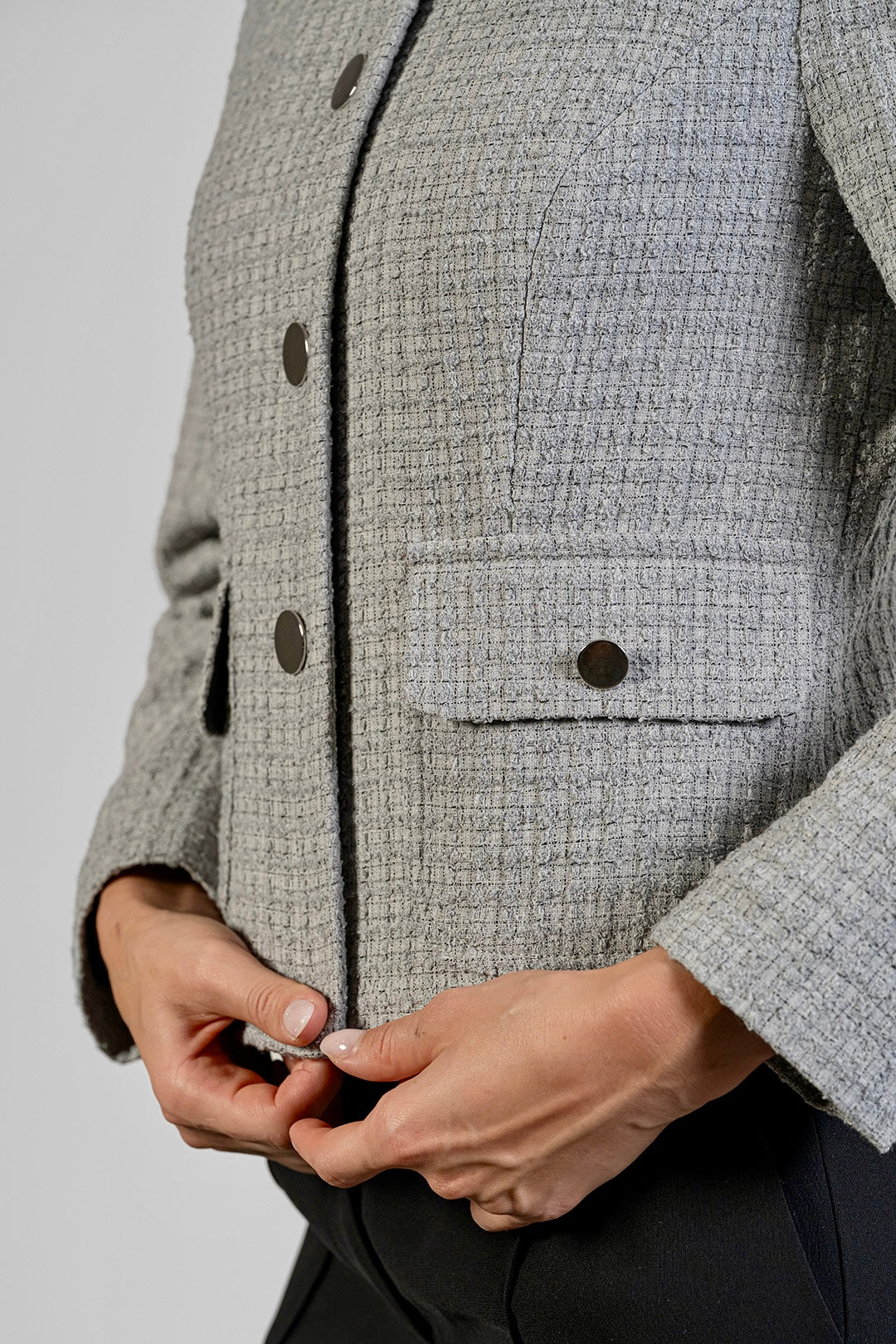 Darina collarless jacket in grey bouclé by Sofia Lara — pocket and fabric detail
