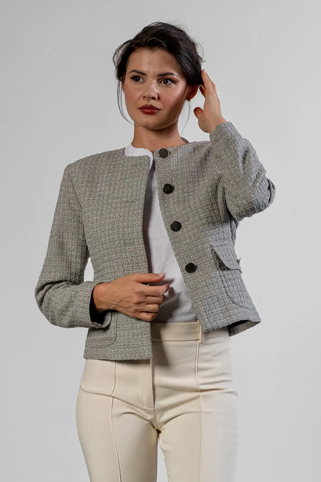 Darina collarless jacket in grey bouclé by Sofia Lara — view 4
