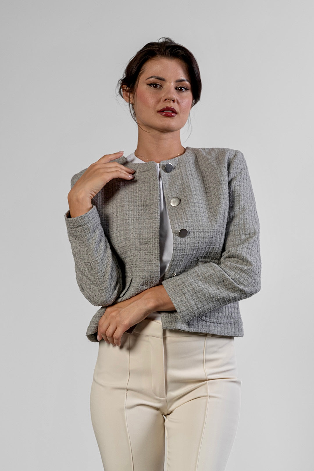 Darina collarless jacket in grey bouclé by Sofia Lara — view 5