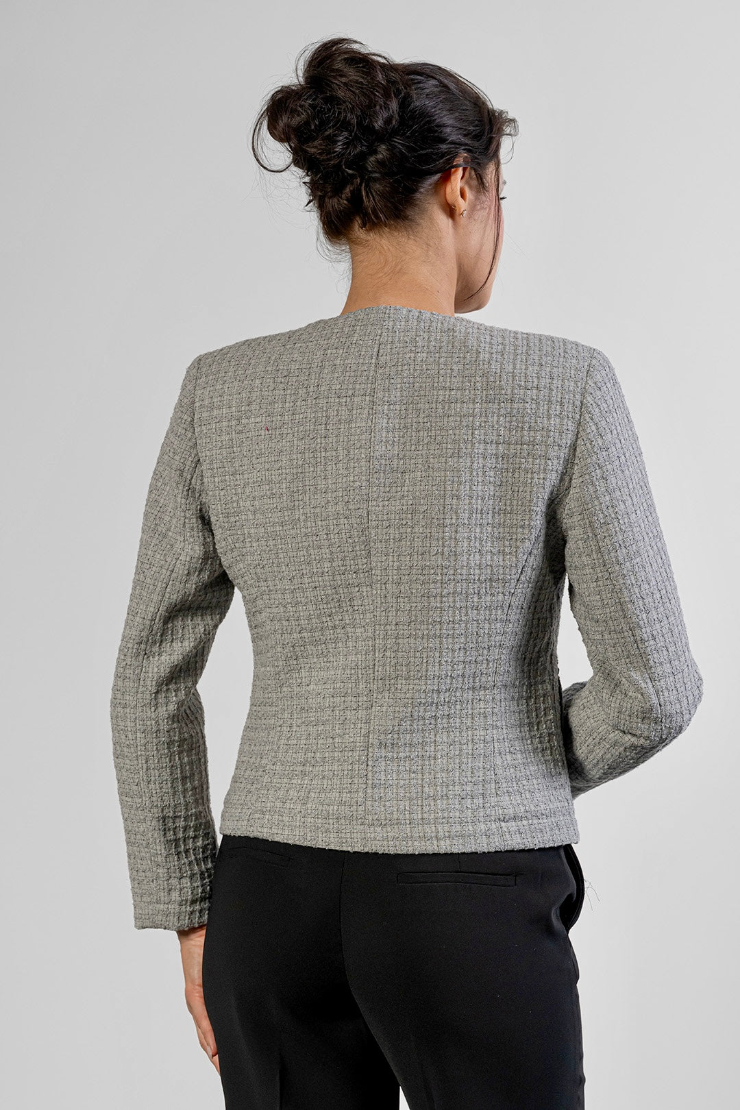 Darina collarless jacket in grey bouclé by Sofia Lara — back view