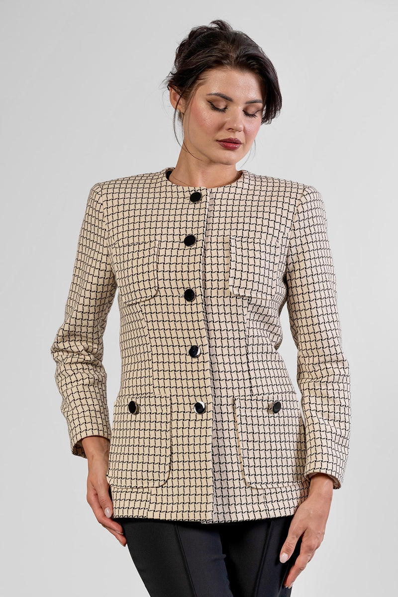 Lara collarless jacket in ivory check cotton tweed by Sofia Lara — view 2