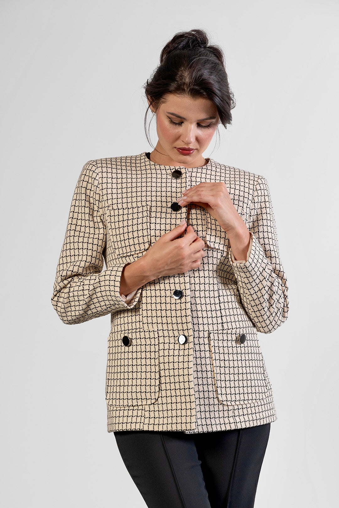 Lara collarless jacket in ivory check cotton tweed by Sofia Lara — view 4