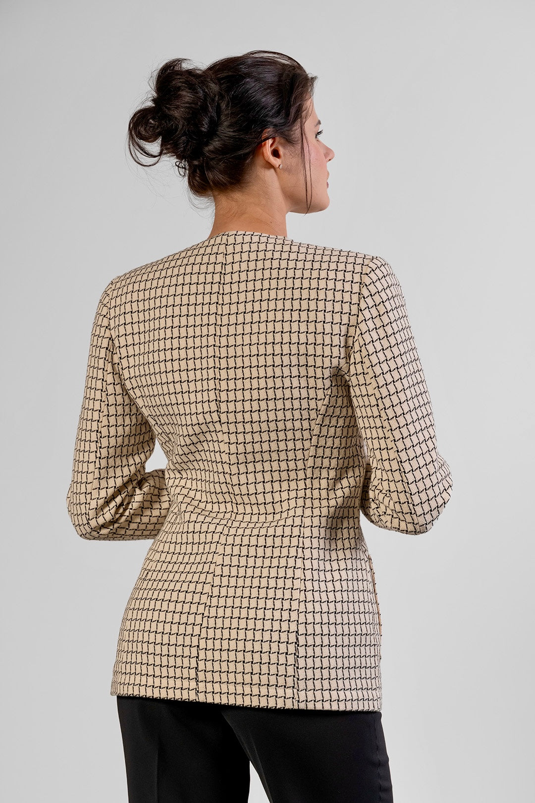Lara collarless jacket in ivory check cotton tweed by Sofia Lara — back view