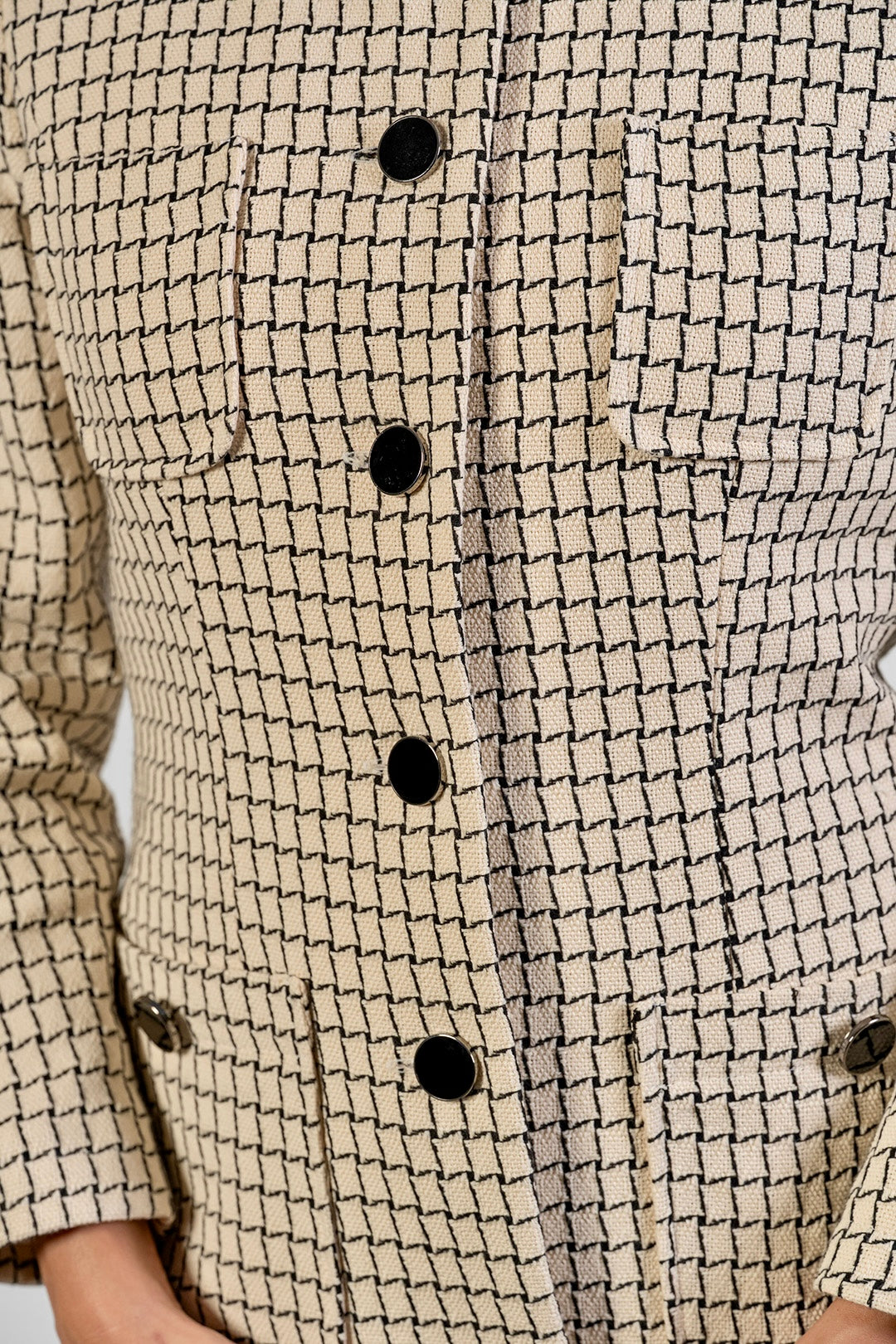 Lara collarless jacket in ivory check cotton tweed by Sofia Lara — button and chest pocket detail