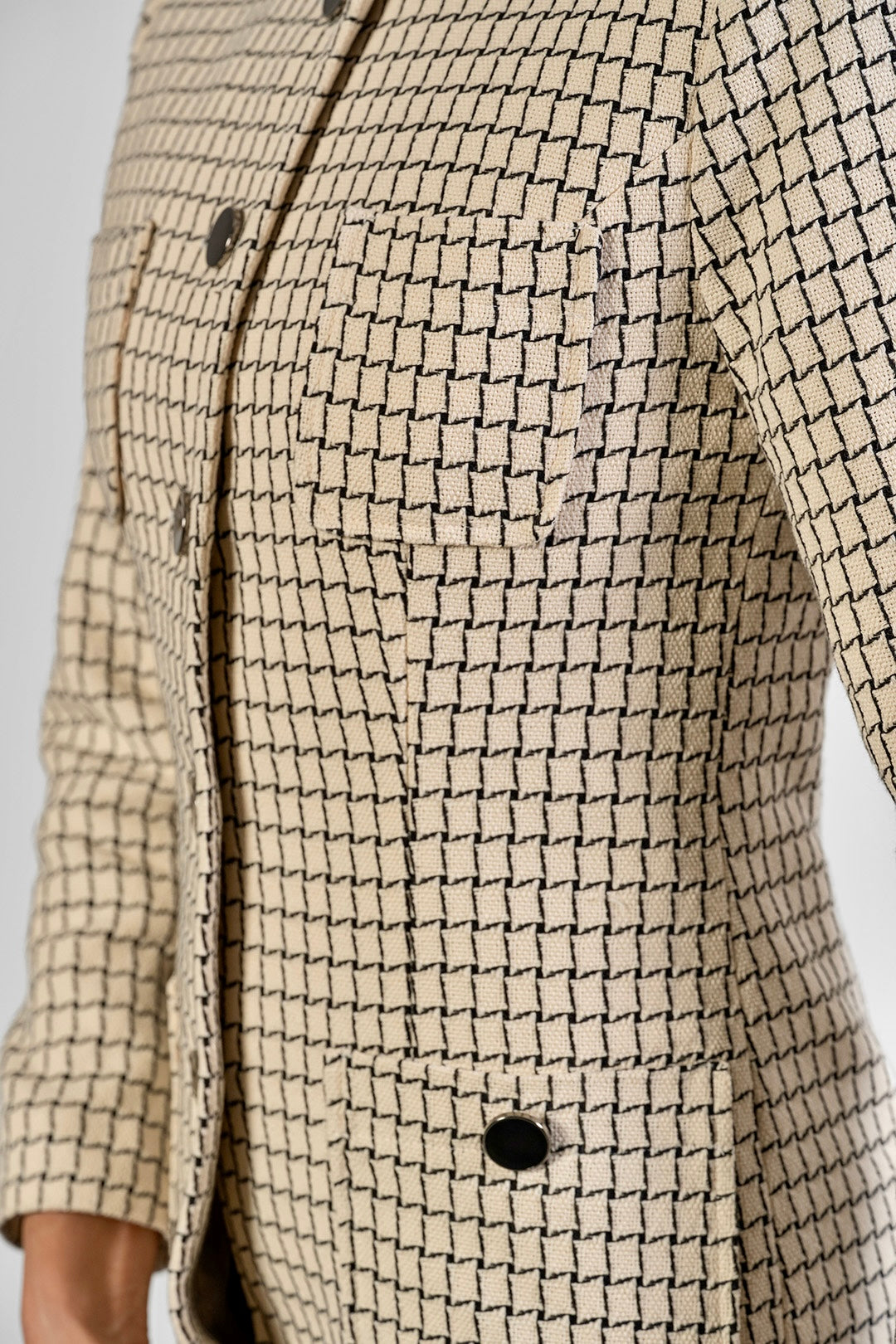 Lara collarless jacket in ivory check cotton tweed by Sofia Lara — fabric detail