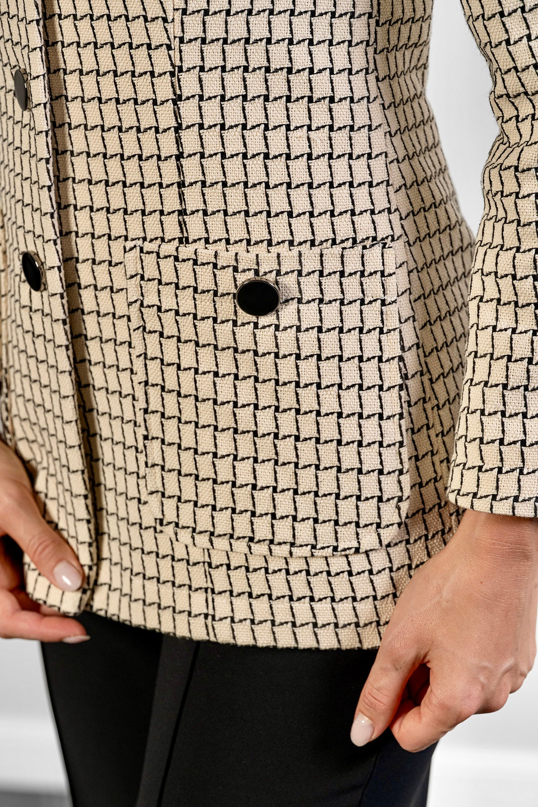 Lara collarless jacket in ivory check cotton tweed by Sofia Lara — patch pocket detail