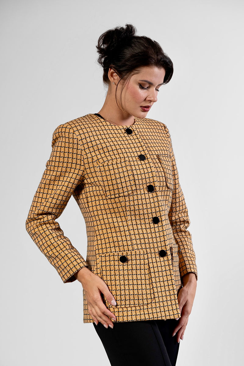 Loreta collarless jacket in camel check cotton tweed by Sofia Lara — view 2