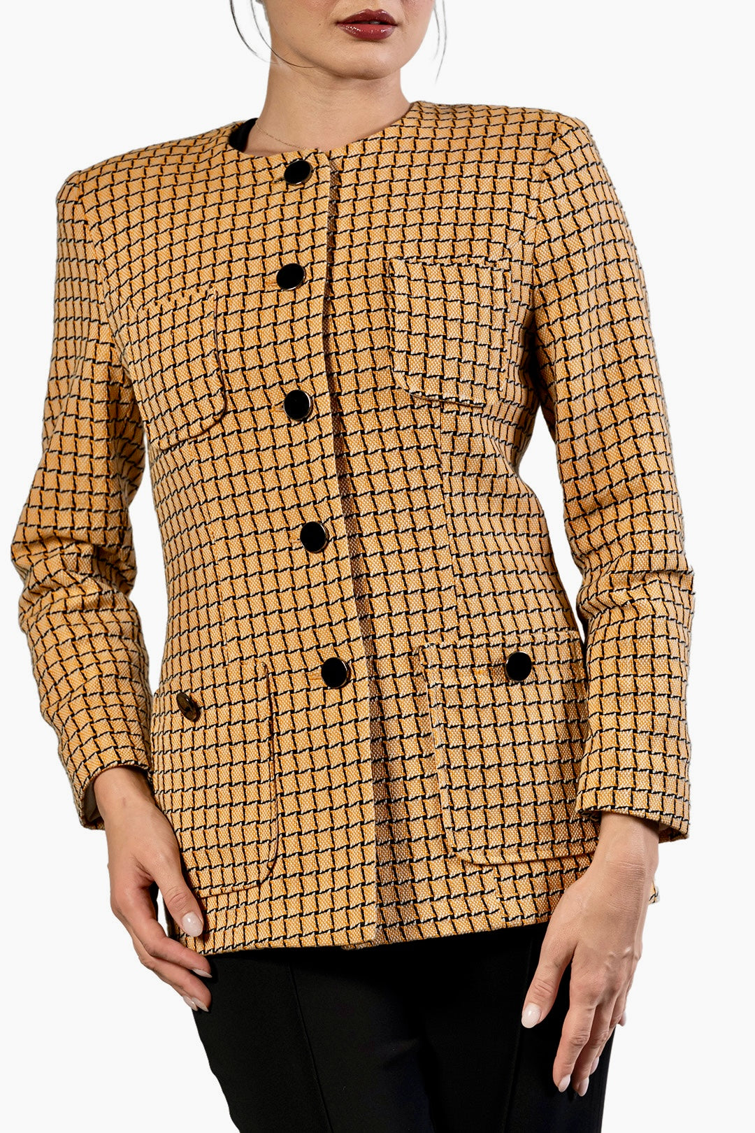 Loreta collarless jacket in camel check cotton tweed by Sofia Lara — view 3