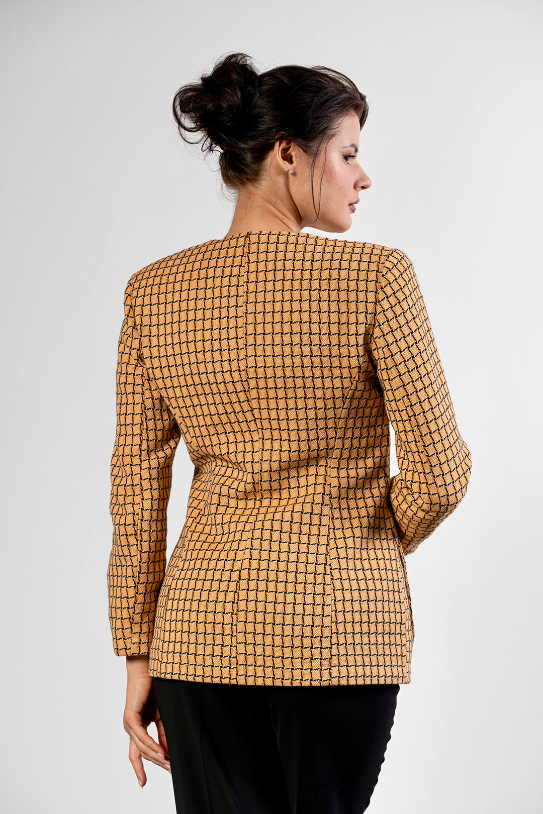 Loreta collarless jacket in camel check cotton tweed by Sofia Lara — back view
