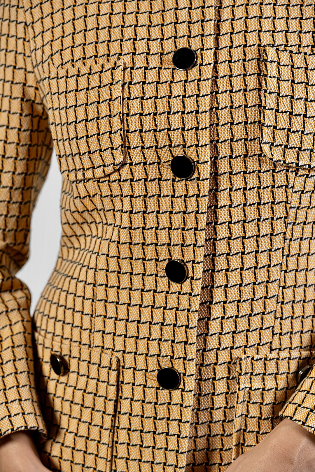 Loreta collarless jacket in camel check cotton tweed by Sofia Lara — button and chest pocket detail