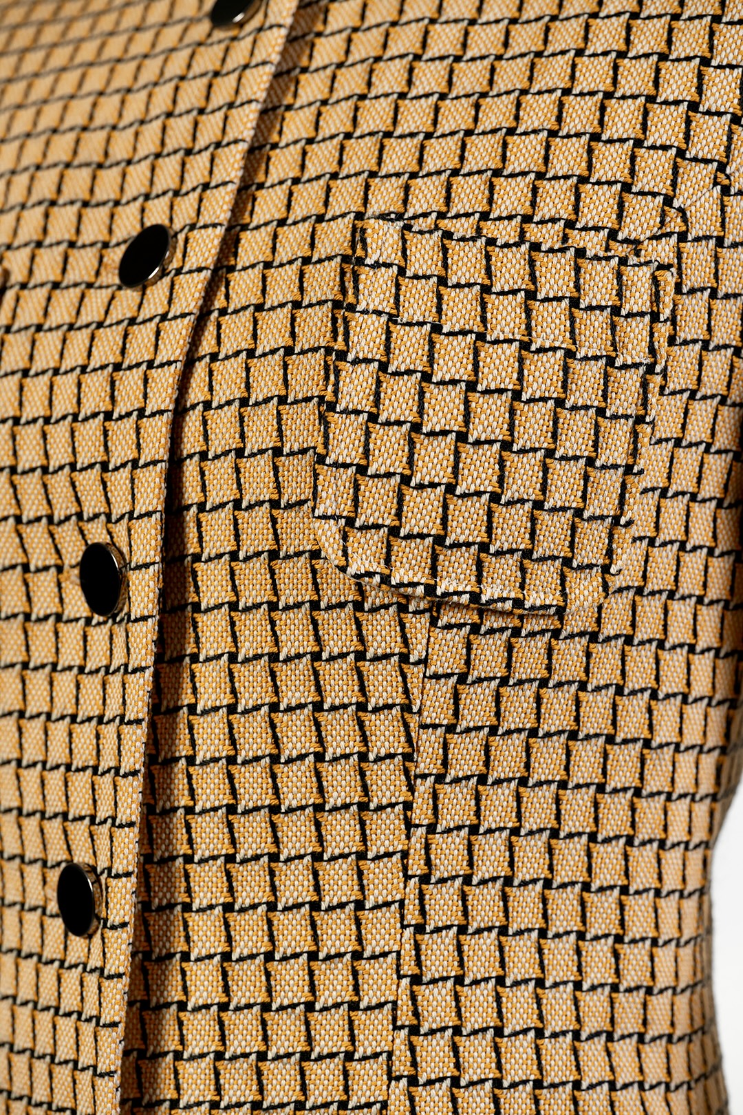 Loreta collarless jacket in camel check cotton tweed by Sofia Lara — fabric detail