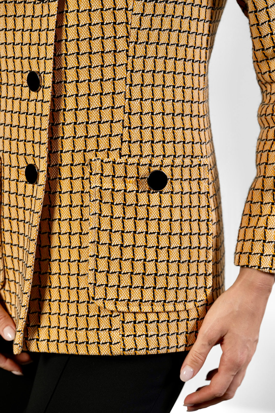 Loreta collarless jacket in camel check cotton tweed by Sofia Lara — patch pocket detail