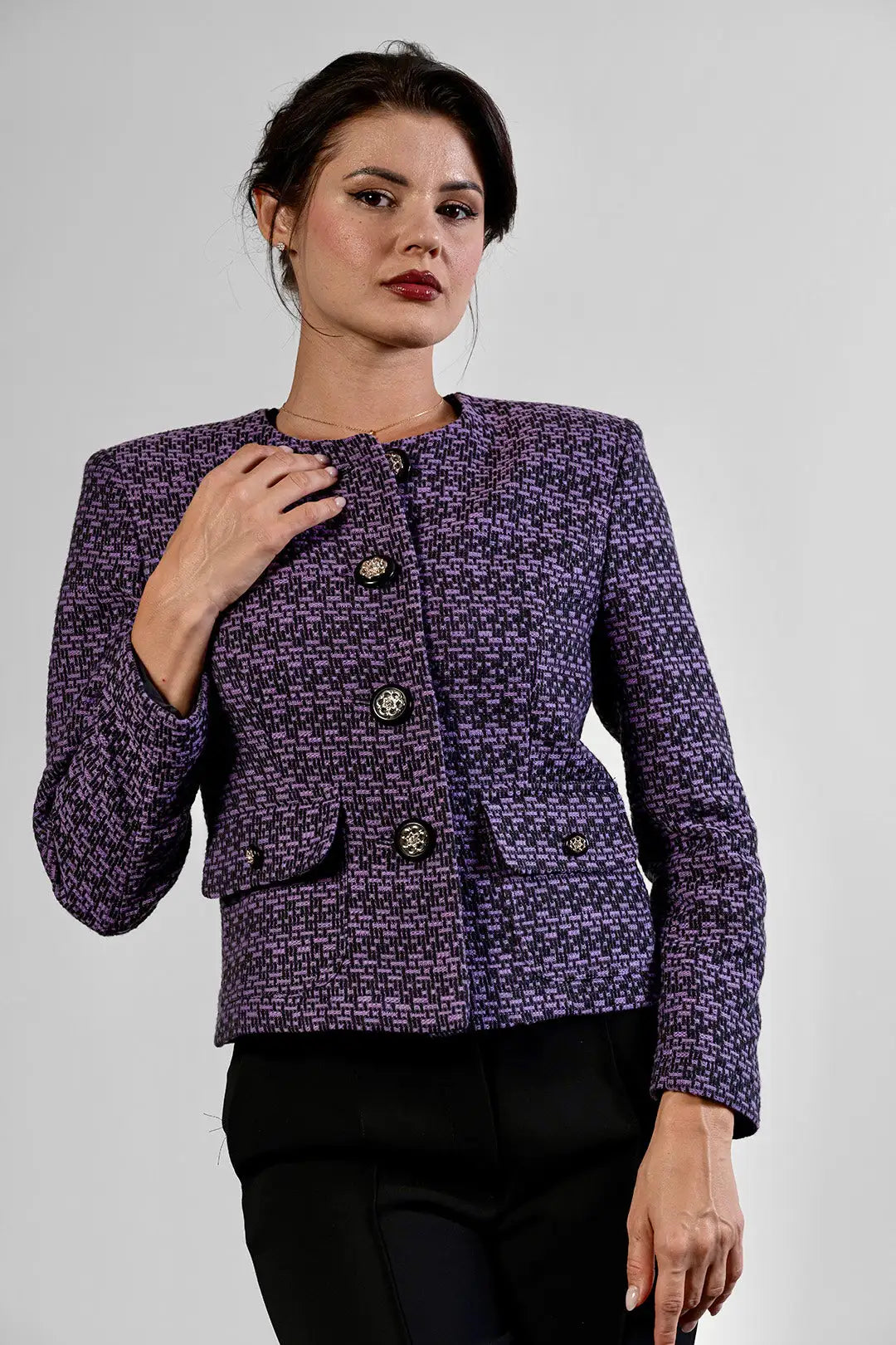 Merita collarless jacket in plum and black cotton tweed by Sofia Lara — view 3