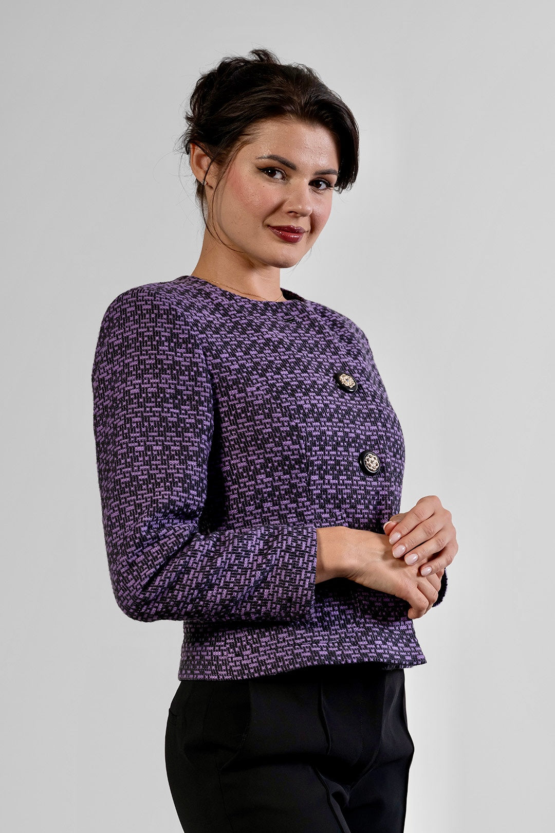Merita collarless jacket in plum and black cotton tweed by Sofia Lara — view 4