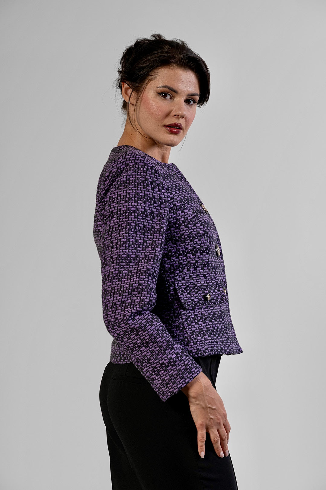 Merita collarless jacket in plum and black cotton tweed by Sofia Lara — side view