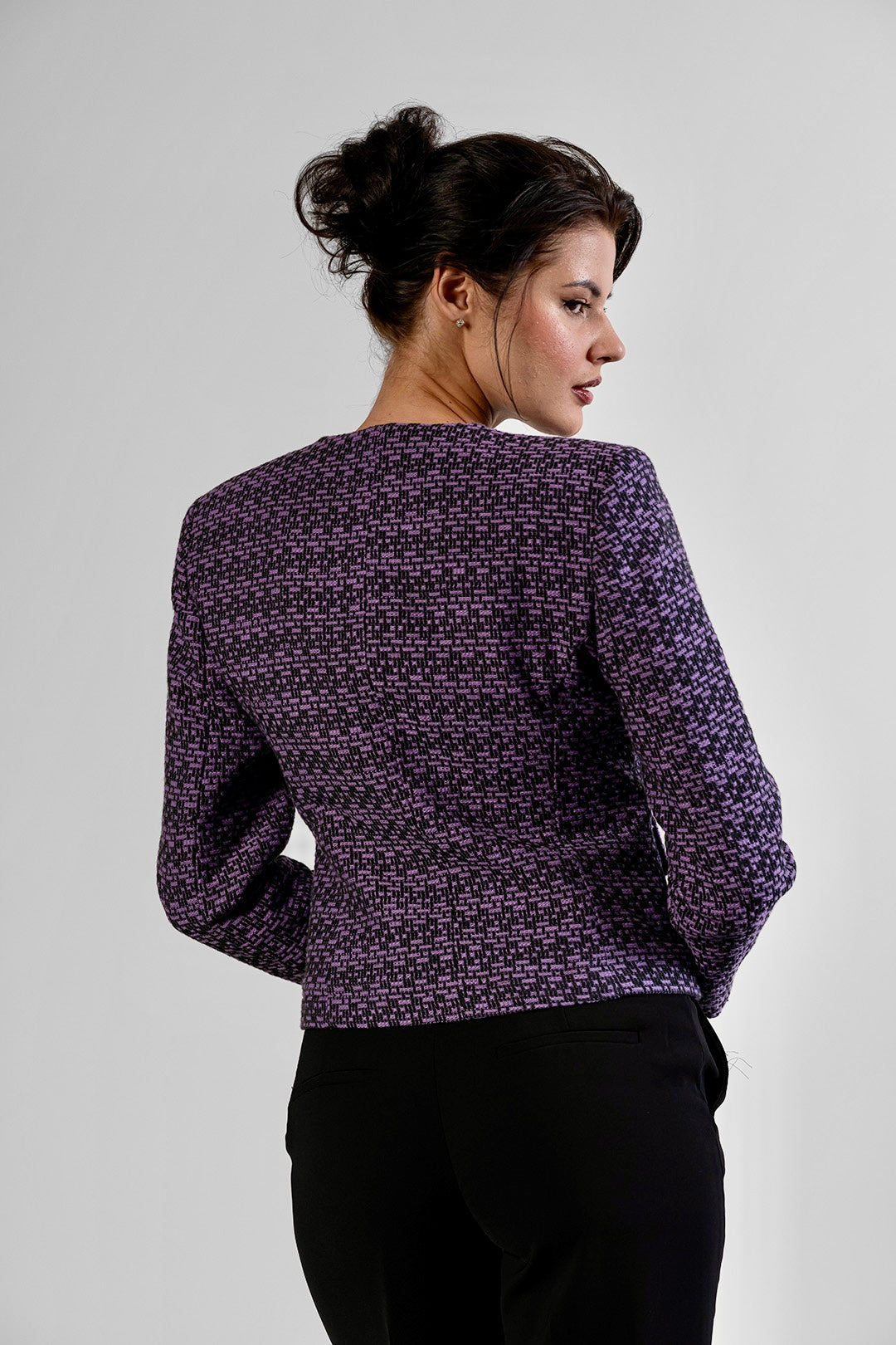 Merita collarless jacket in plum and black cotton tweed by Sofia Lara — back view
