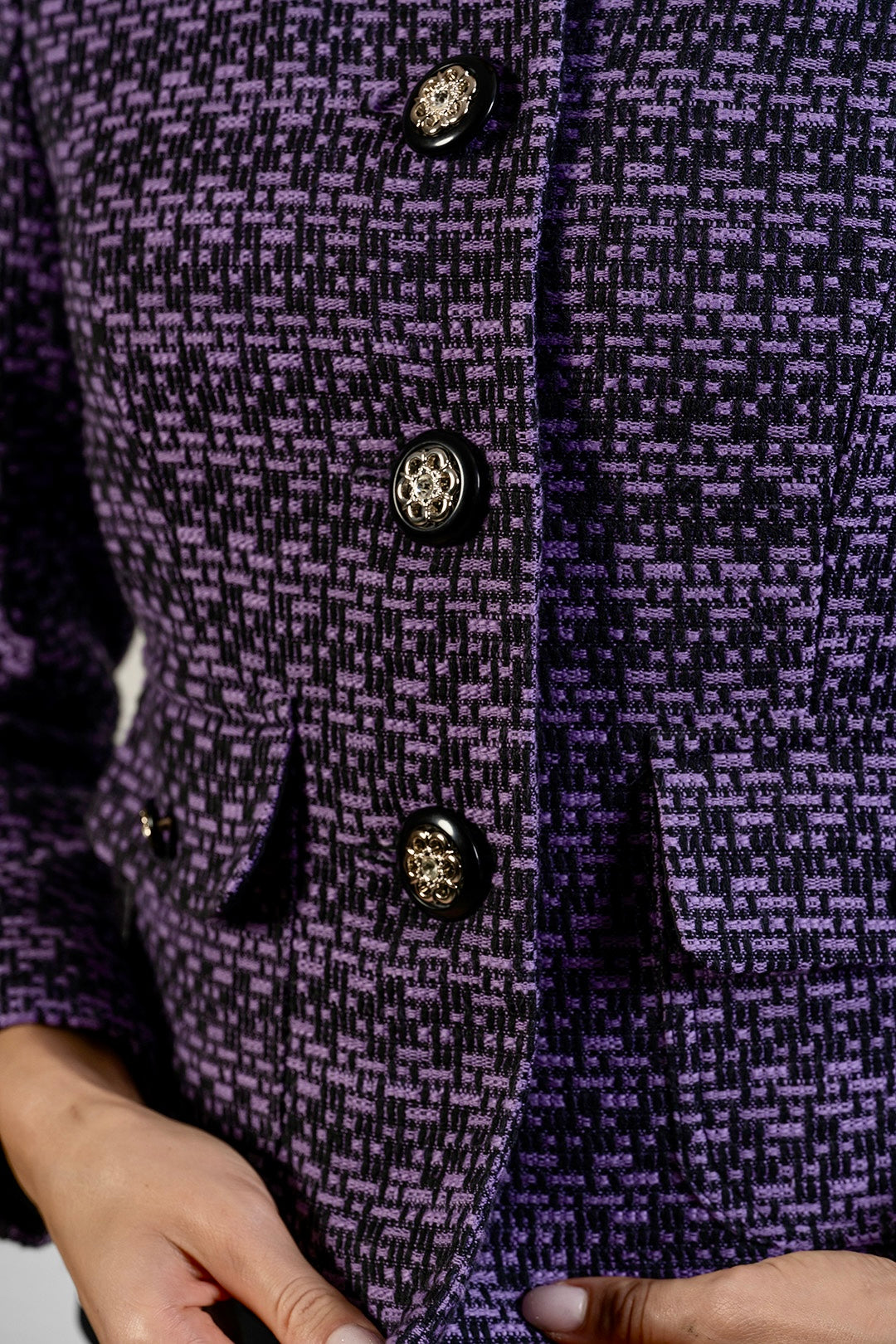 Merita collarless jacket in plum and black cotton tweed by Sofia Lara — button and pocket detail