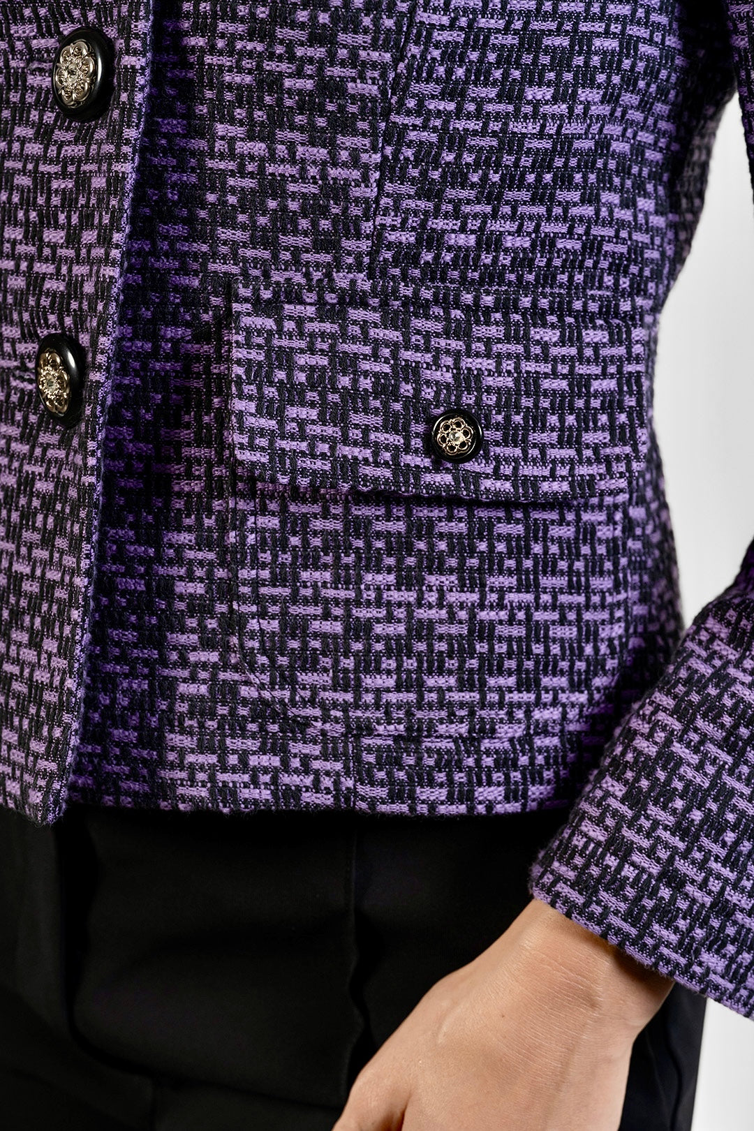 Merita collarless jacket in plum and black cotton tweed by Sofia Lara — pocket and fabric detail
