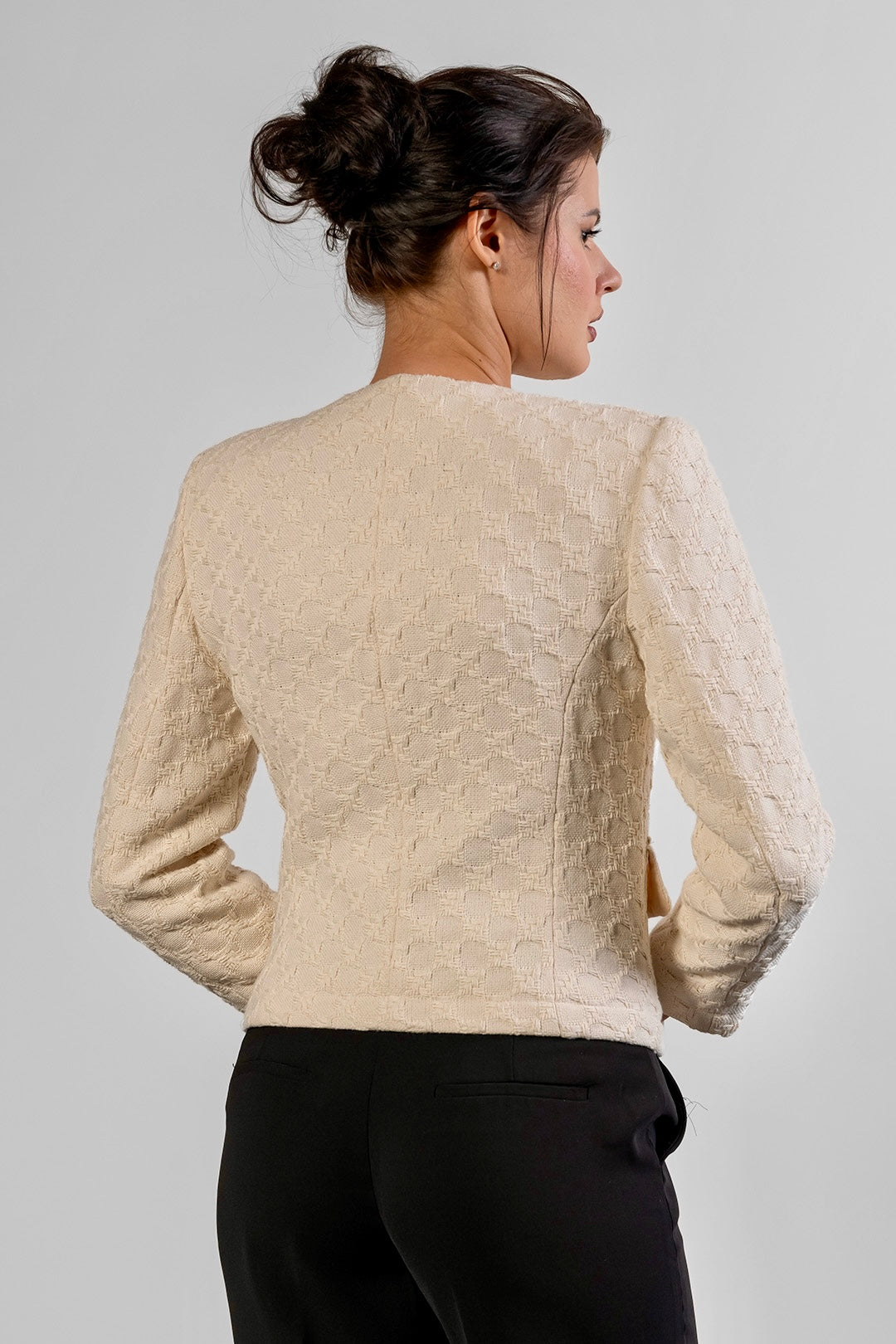 Merry collarless jacket in cream bouclé by Sofia Lara — back view