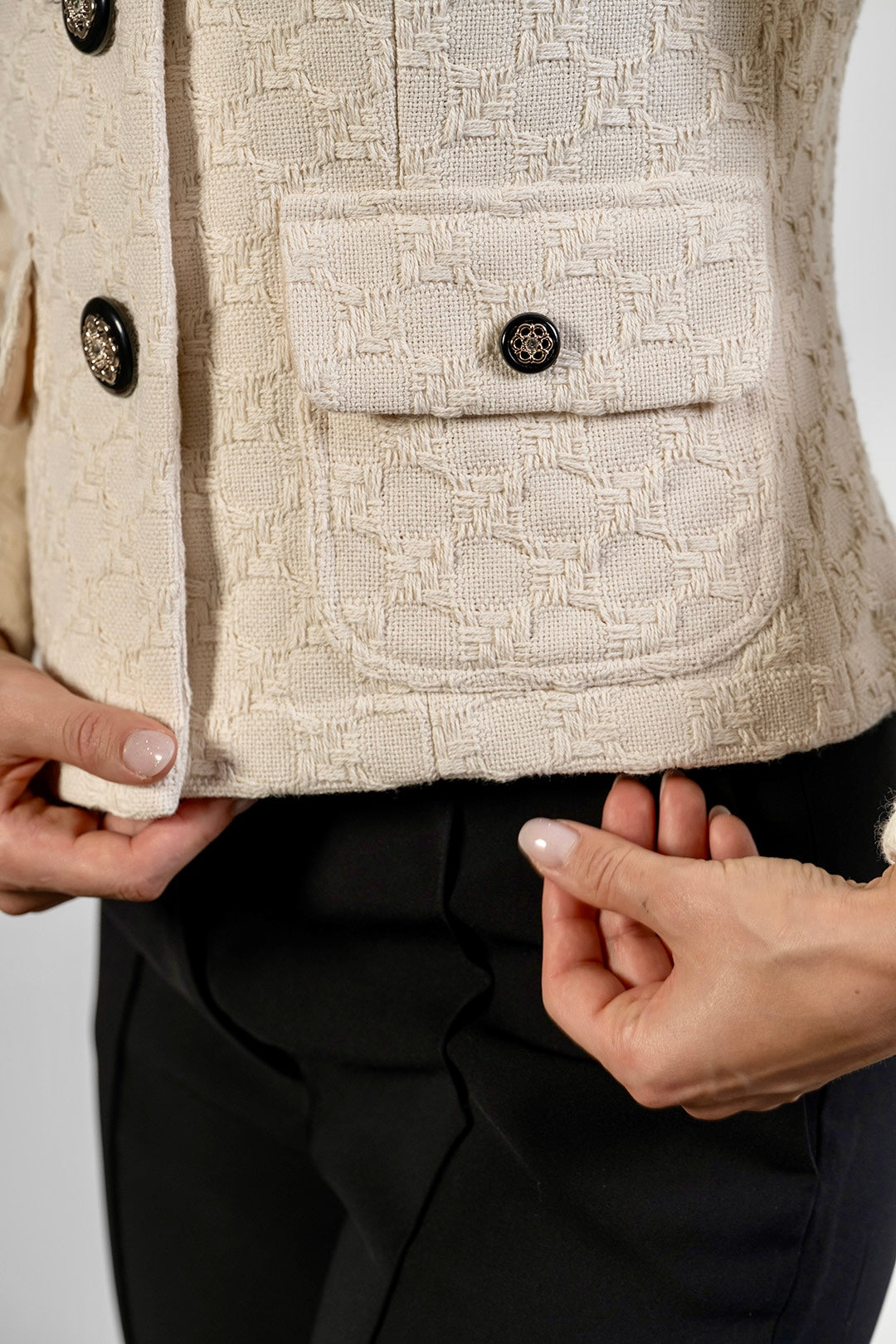 Merry collarless jacket in cream bouclé by Sofia Lara — flap pocket detail