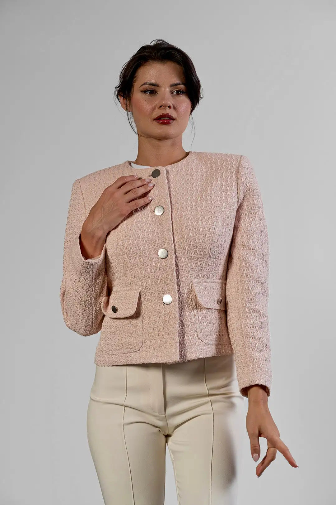 Mila collarless jacket in blush cotton tweed by Sofia Lara — front view, buttoned