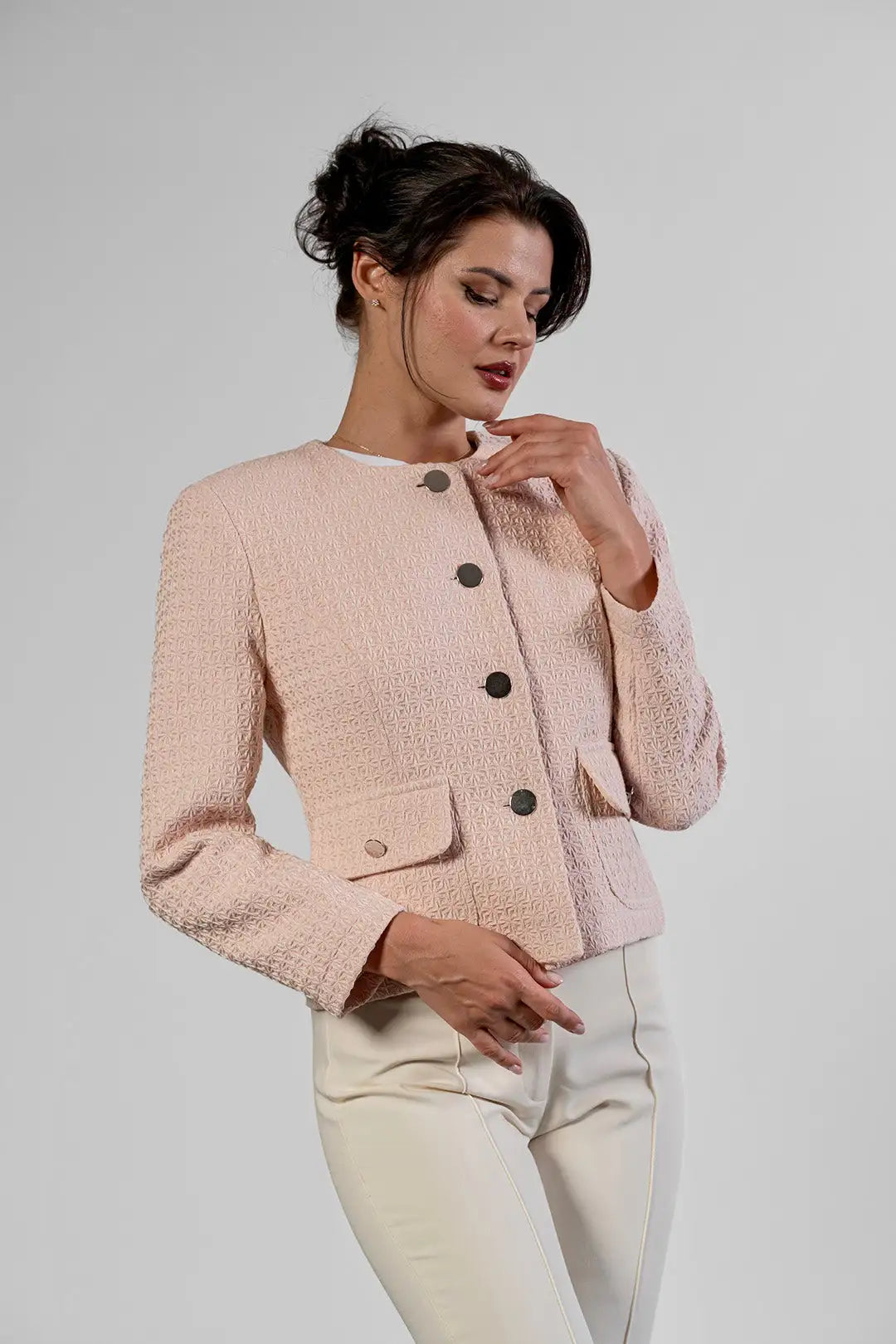 Mila collarless jacket in blush cotton tweed by Sofia Lara — three-quarter view