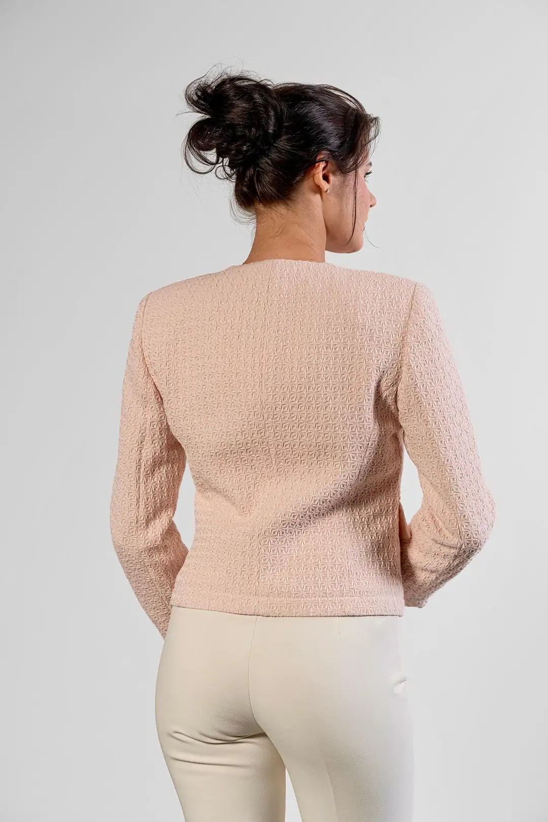 Mila collarless jacket in blush cotton tweed by Sofia Lara — back view
