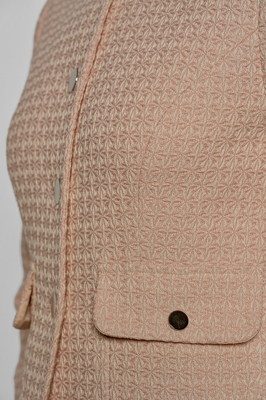 Mila collarless jacket in blush cotton tweed by Sofia Lara — fabric and pocket detail