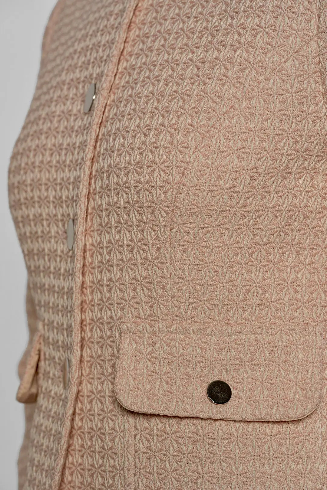 Mila collarless jacket in blush cotton tweed by Sofia Lara — fabric and pocket detail
