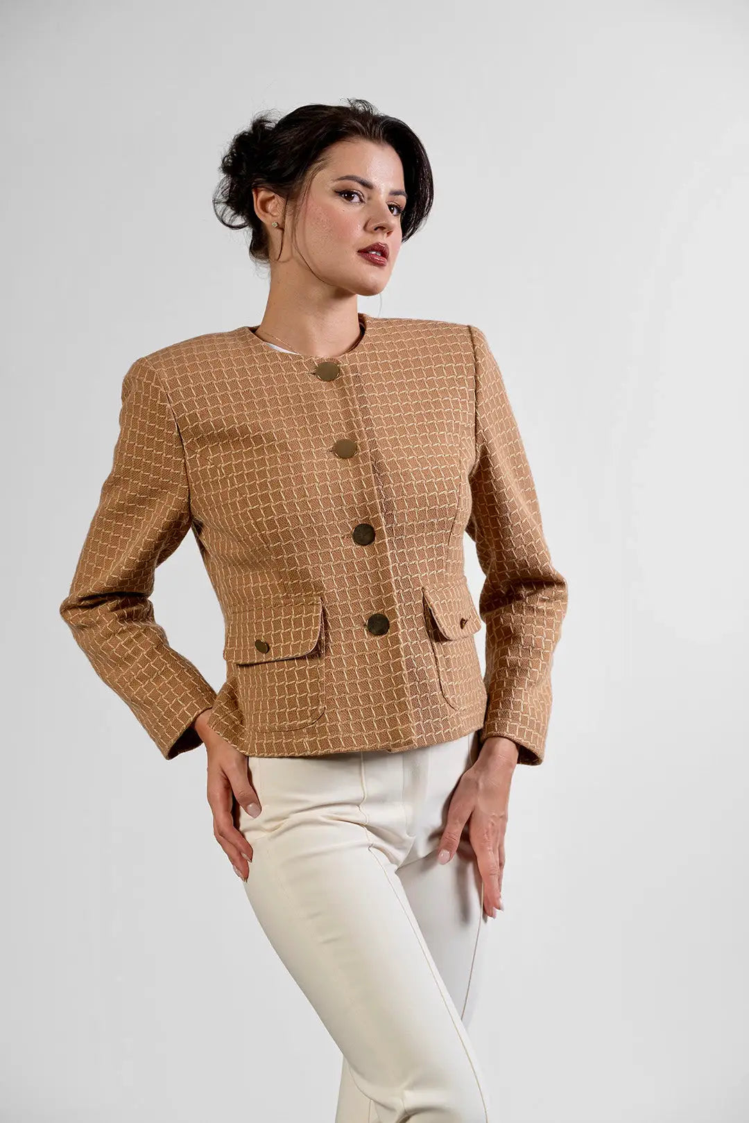 Mona collarless jacket in camel textured cotton by Sofia Lara — front view, close