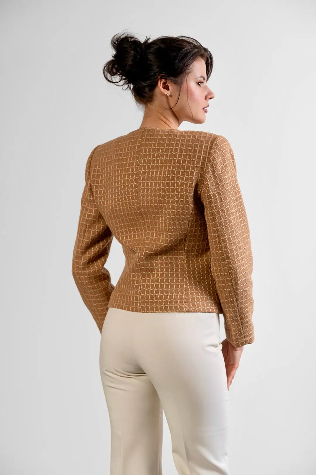 Mona collarless jacket in camel textured cotton by Sofia Lara — back view