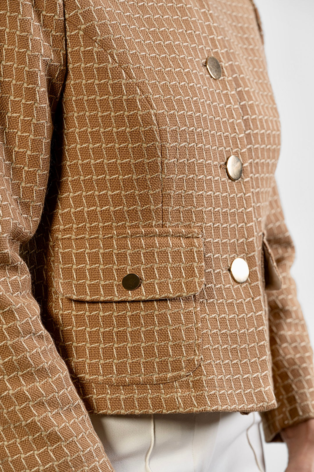 Mona jacket and mini skirt set in camel textured cotton by Sofia Lara — pocket and button detail
