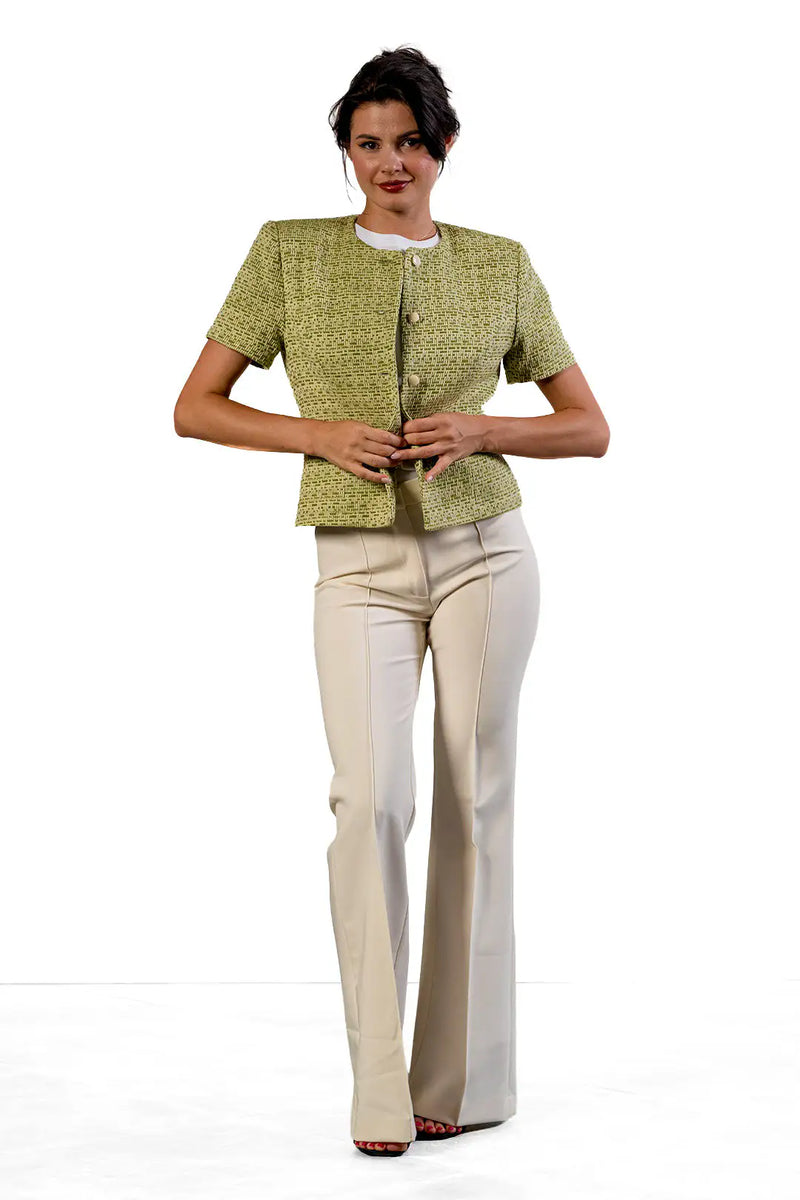 Neli short-sleeved jacket in pistachio green cotton tweed by Sofia Lara — front view