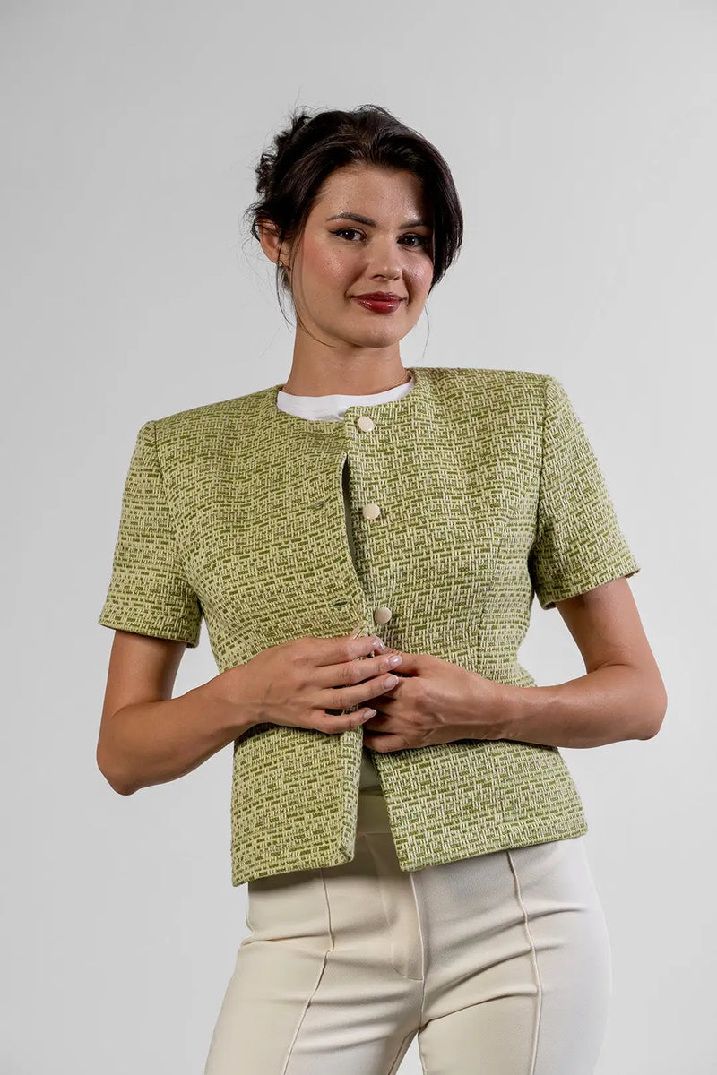 Neli short-sleeved jacket in pistachio green cotton tweed by Sofia Lara — front view, close