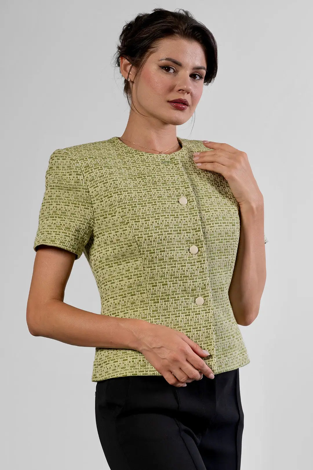 Neli short-sleeved jacket in pistachio green cotton tweed by Sofia Lara — three-quarter view