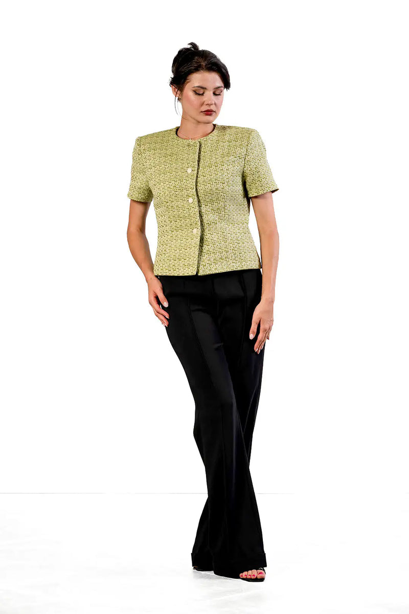 Neli short-sleeved jacket in pistachio green cotton tweed by Sofia Lara — full-length front view