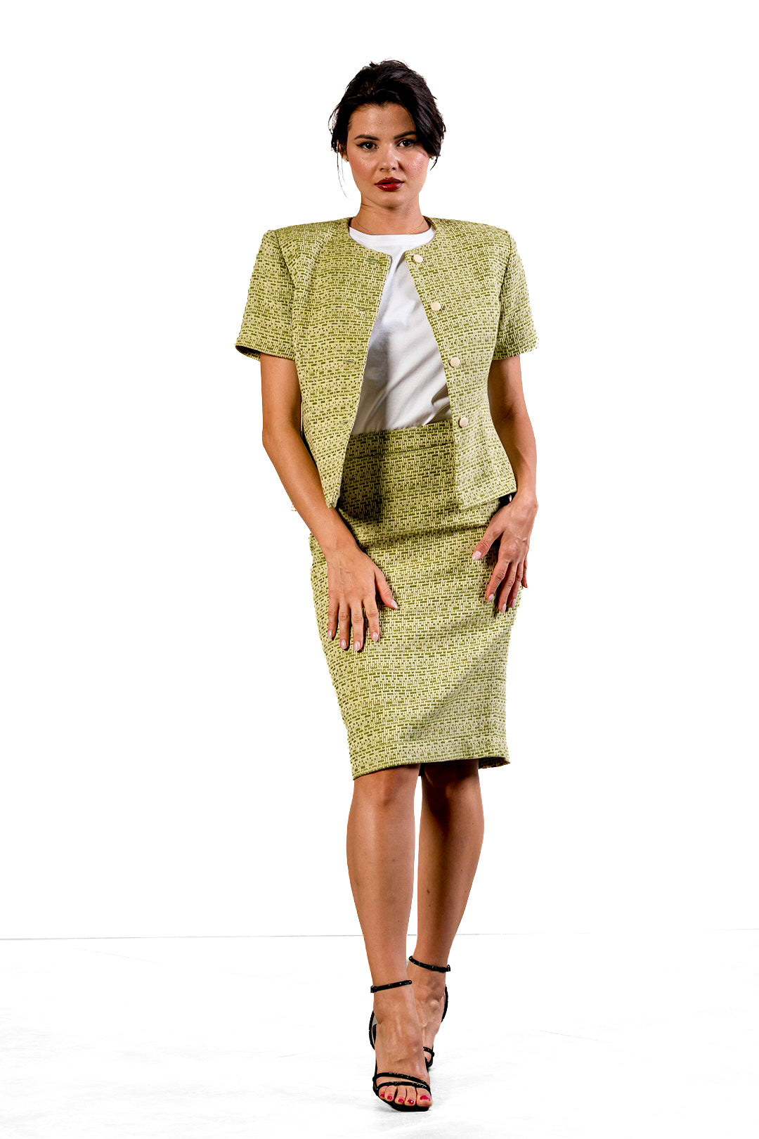 Neli jacket and midi skirt set in pistachio green cotton tweed by Sofia Lara — view 3