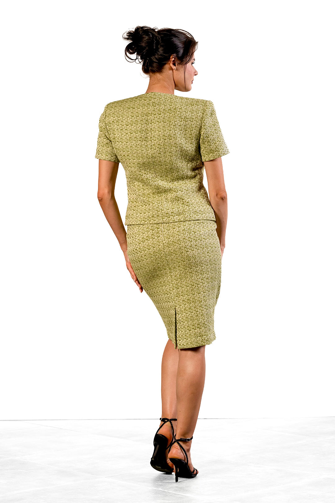 Neli jacket and midi skirt set in pistachio green cotton tweed by Sofia Lara — back view