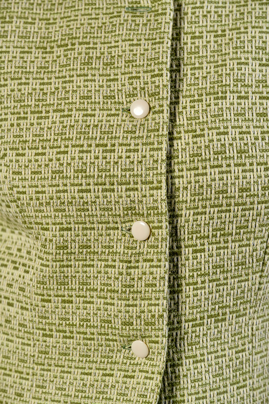 Neli jacket and midi skirt set in pistachio green cotton tweed by Sofia Lara — fabric and button detail