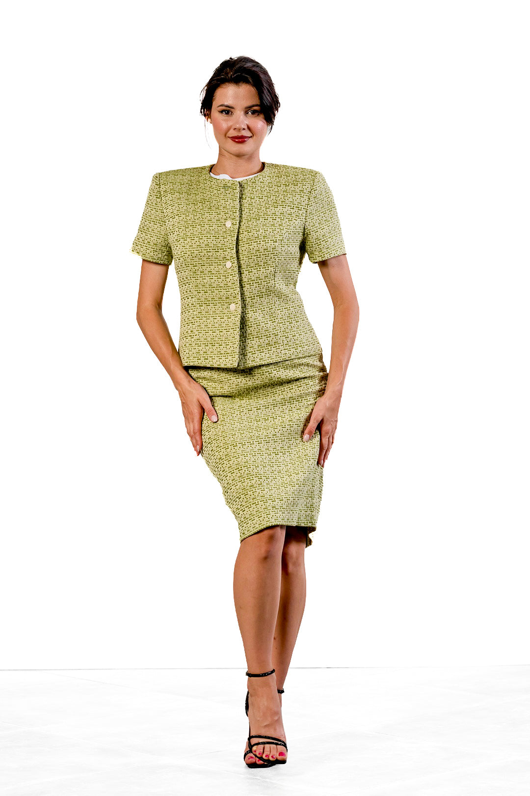 Neli midi skirt in pistachio green cotton tweed by Sofia Lara — worn with the Neli jacket, full-length front view