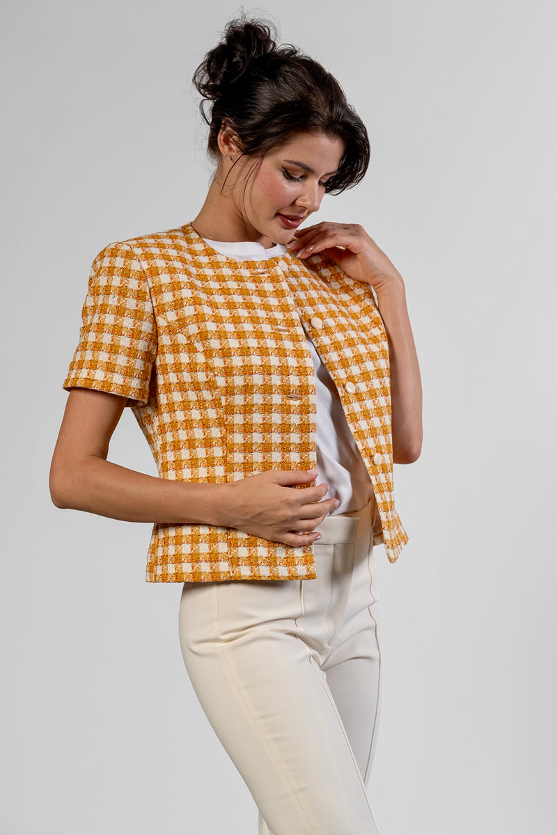 Niya short-sleeved jacket in ochre check cotton tweed by Sofia Lara — three-quarter view